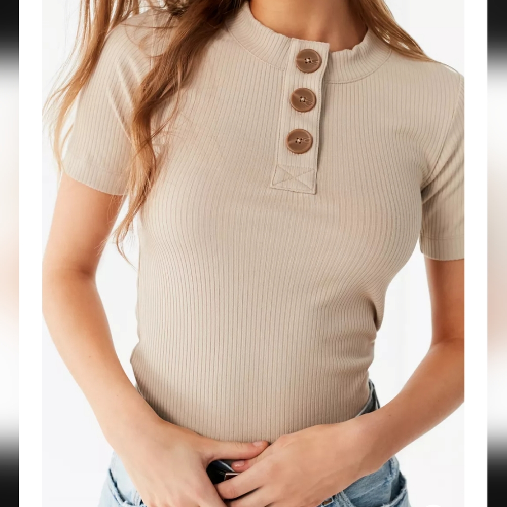 Urban Outfitters Beige Essential Ribbed Knit Henley Tee